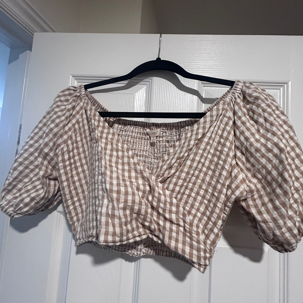 Stylish Tan Gingham Off-Shoulder Blouse